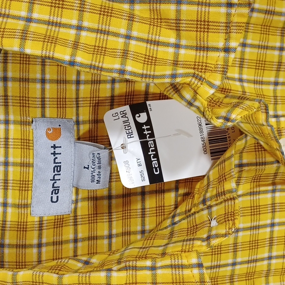 Men's Carhartt Plaid Button up Long Sleeve Size L Yellow White Blue Gray - Picture 2 of 7
